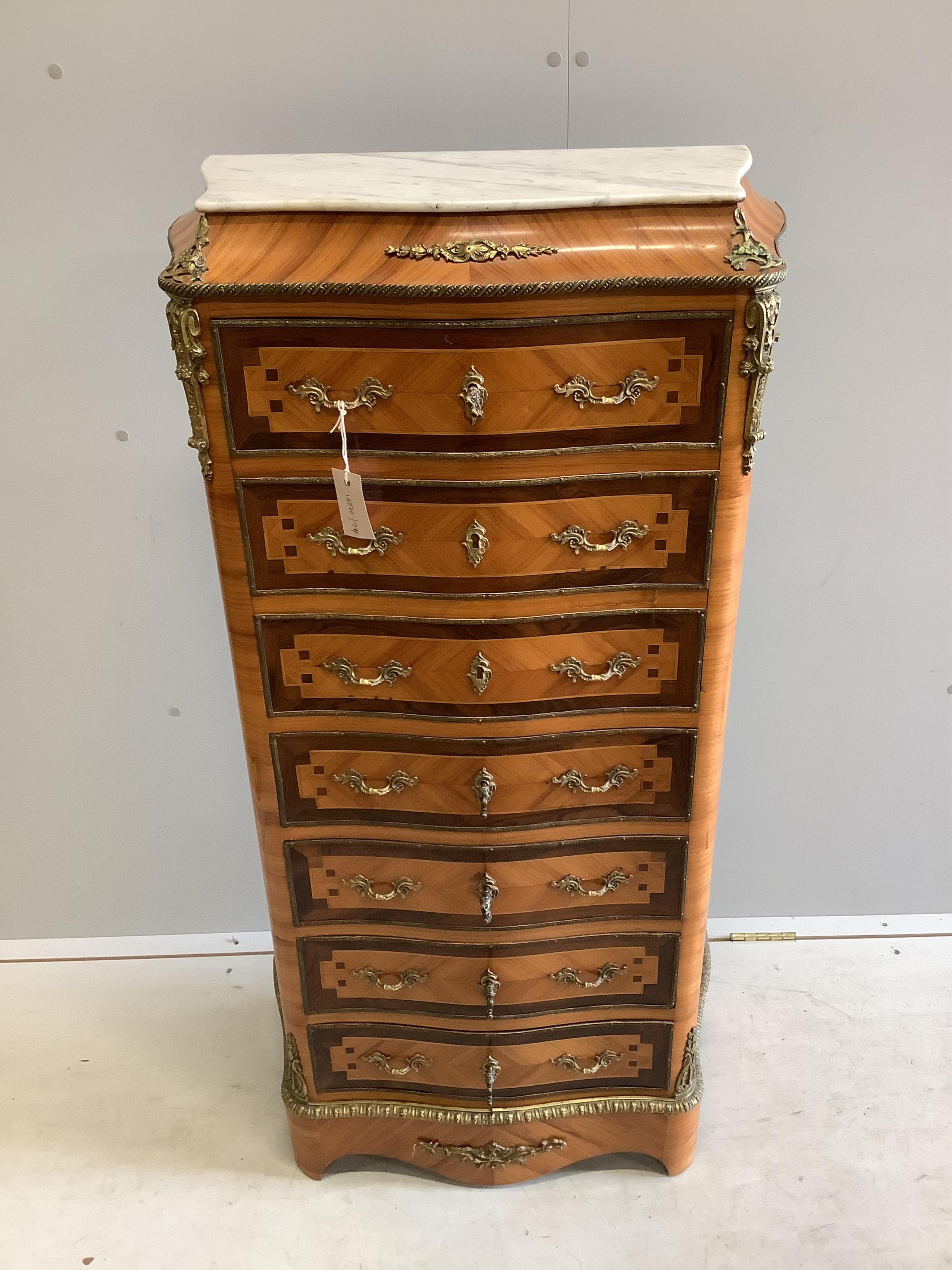 A Napoleon III style gilt metal mounted kingwood secretaire tall chest, width 64cm, depth 34cm, height 125cm. Condition - good